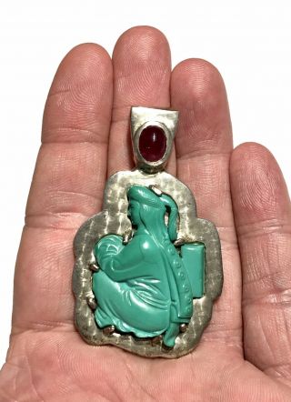 Vtg Artisan Signed Carved Persian Turquoise Figure Sterling Pendant Pink Stone