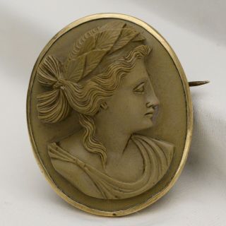 Antique Victorian Gold Filled High Relief Carved Lava Cameo Signed Brooch Pin