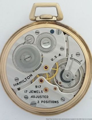 Vintage 17j Hamilton 917 Running Mens 10s Open Face Pocket Watch X72255 3