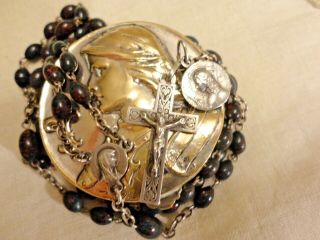 Antique Sterling Silver Rosary Nouveau French Blood Stone Joan Arc Box Vintage
