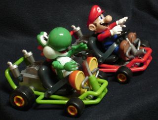 Vintage Mario Kart 64 1999 Yoshi And Mario Figures With Carts,  (euc)