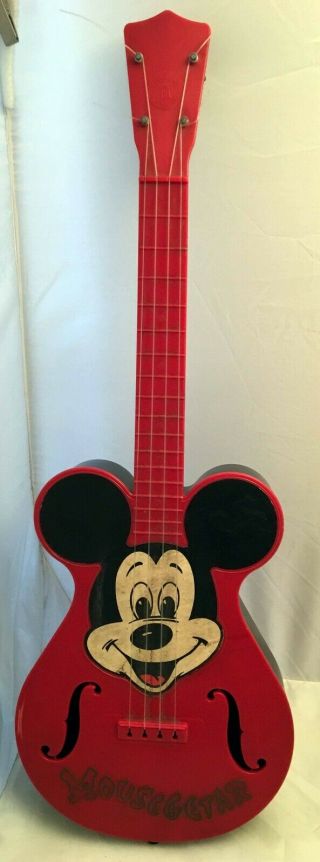 1960s Mattel Mickey Mouse Red Plastic Mousegetar,  8x22x3.  5 Inches,  Dirty Decal