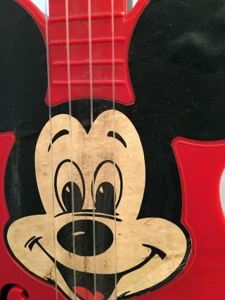 1960s Mattel Mickey Mouse red plastic Mousegetar,  8x22x3.  5 inches,  dirty decal 4