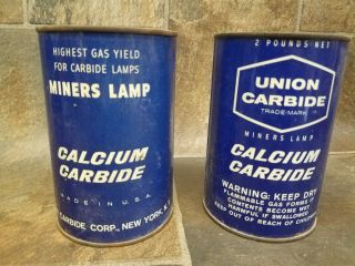 2 Vintage Union Carbide Miners Lamp Calcium Carbide 2 Lb.  Tin Cans,  Full