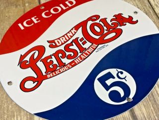 Vintage Drink Pepsi Cola 5 Cents 11 3/4 " Porcelain Metal Soda Pop Gas & Oil Sign