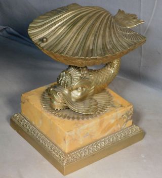 Antique French Empire Figural Box Bronze Marble Dolphin Baroque Shell Inkwell