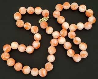 Antique Art - Deco Angel Skin Pink Coral Bead Necklace W/ 14k Gold Clasp