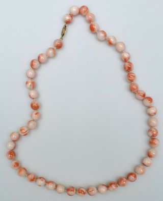 ANTIQUE ART - DECO ANGEL SKIN PINK CORAL BEAD NECKLACE w/ 14K GOLD CLASP 5