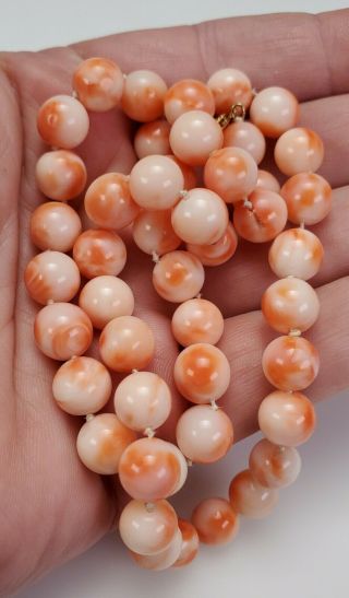 ANTIQUE ART - DECO ANGEL SKIN PINK CORAL BEAD NECKLACE w/ 14K GOLD CLASP 6