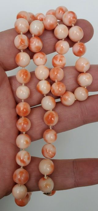 ANTIQUE ART - DECO ANGEL SKIN PINK CORAL BEAD NECKLACE w/ 14K GOLD CLASP 8