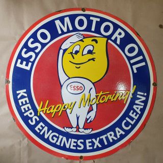 Esso Motor Oil Vintage Porcelain Sign 30 Inches Round