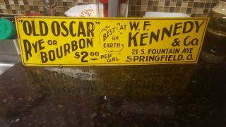 Rare Vintage Kennedy Oscar Bourbon Embossed Tin Tacker Sign Springfield Oh