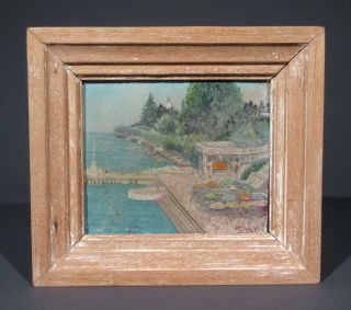 Vintage French,  Oil Painting,  Evian - Les - Bains,  Lake Geneva,  The Beach In Summer