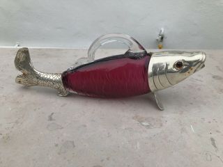 Fish Glass Silver Plated Decanter Cranberry Glass Eyes Glass Handle Pourer Wine