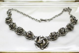 Signed Vintage Taxco Sterling Silver 925 Carved Floral Statement Necklace