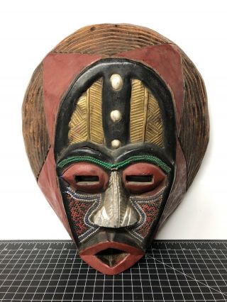 Vintage African Hand Carved Wooden Tribal Face Mask Made In Ghana 15 " X 14 " X 6 "