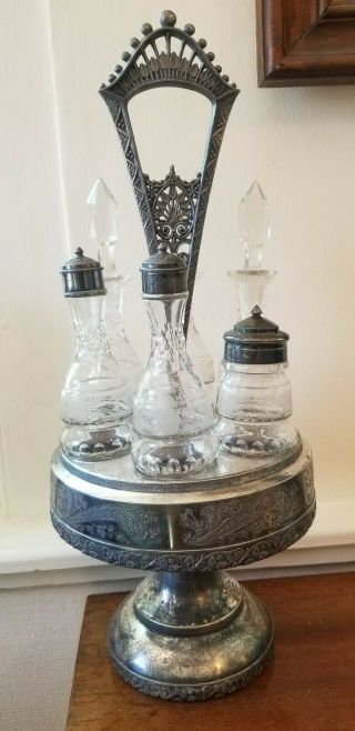 Antique Silver Plate Victorian Cruet Set 6 Etched Glass Bottles