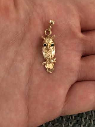 Vintage 14k Gold Owl Charm With Emerald Eyes