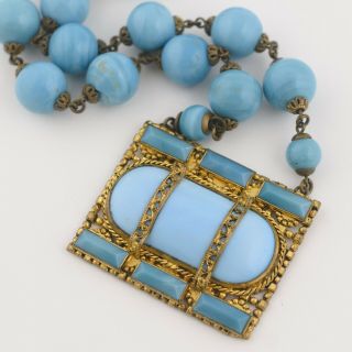 Vtg Art Deco Signed Czech Persian Turquoise Glass Pendant Necklace