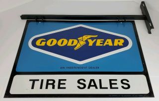 Vintage Goodyear Tire Sales Dealer Heavy Metal Double Sided Sign W/ Bracket Nos