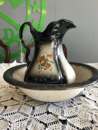 Vintage Ironstone Water Pitcher And Bowl Basin Black Floral Pattern