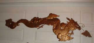 Vintage Chinese Stamped Metal Dragon Wall Hanging Sculpture Gold Hinged 5 Ft.