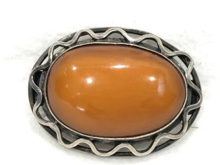 Vintage Large 22 Gram Baltic Butterscotch Egg Yoke Amber Brooch Pin Silver