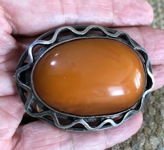 Vintage Large 22 Gram Baltic Butterscotch Egg Yoke Amber Brooch Pin Silver 4