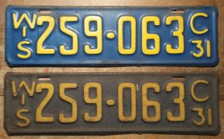 1931 Wisconsin License Plate 259 - 063 Pair Vintage Wi Yellow On Blue