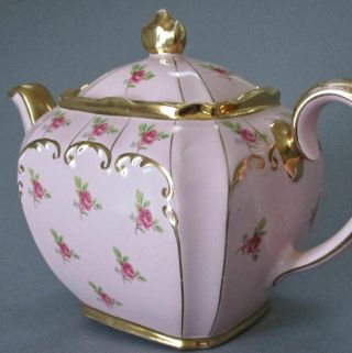Vintage Sadler England Porcelain Cube Shape Teapot Pink W Pink Roses,  Gold Trim