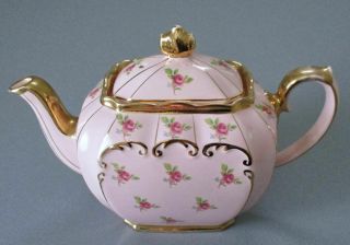 Vintage SADLER England Porcelain CUBE Shape TEAPOT Pink w PINK ROSES,  Gold Trim 2