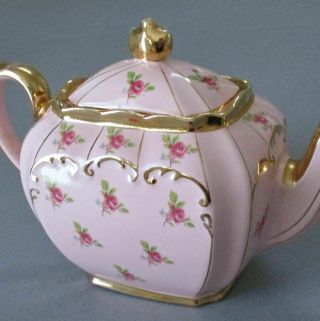 Vintage SADLER England Porcelain CUBE Shape TEAPOT Pink w PINK ROSES,  Gold Trim 3