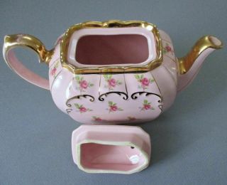Vintage SADLER England Porcelain CUBE Shape TEAPOT Pink w PINK ROSES,  Gold Trim 4