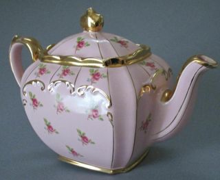 Vintage SADLER England Porcelain CUBE Shape TEAPOT Pink w PINK ROSES,  Gold Trim 7
