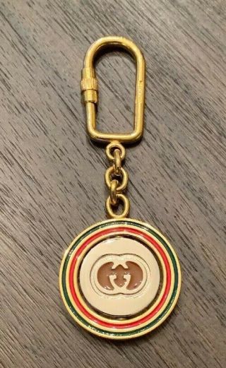 Rare Gucci Italy Vintage Gold Tone & Enamel Gg Logo Keychain Spinner Center