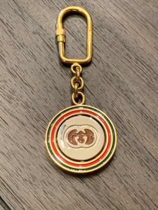 Rare GUCCI Italy Vintage Gold Tone & Enamel GG Logo Keychain Spinner Center 2