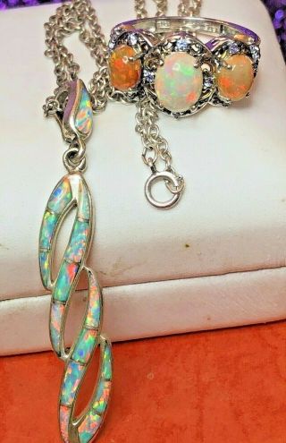 Vintage Sterling Silver Opal Ring Designer Signed Sts & Opal Pendant Necklace