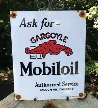 Vintage Mobiloil Porcelain Sign,  Pump,  Mobil Gas Station,  Motor Oil,  Gargoyle