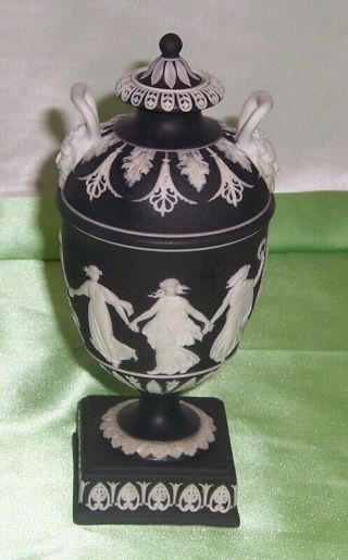 Vintage Wedgwood Black Basalt Small Covered Urn Dancing Hours