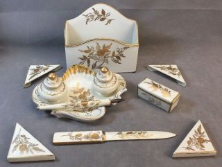 Vintage Gilt Porcelain Desk Set Double Inwell Stamp Box Blotter Corners & More