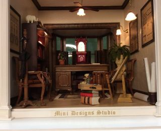 Miniature Architect Studio DOLL HOUSE - Lighted - Vintage Furnishings - Open front 7