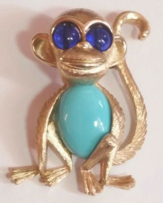 Vintage Signed Crown Trifari Jelly Belly Turquoise Monkey Brooch Gold Figural