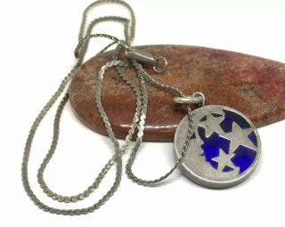 Vintage Italy Sterling Silver Moon Star Blue Glass Pendant 18” Old Necklace