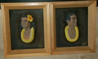 Rare Vintage Hawaiian Plaque Bust Artist Signed Kino Nani 1940s Mcm Chalkware
