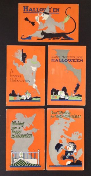 Vintage Halloween Postcards (5) Fairman Co.  Series 6932 - Orange Backgrounds