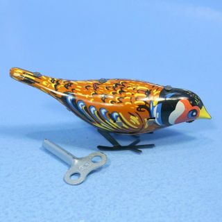 Vintage German Tin Wind - Up Toy Bird With Key Peck Hop C1950s