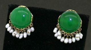 Vintage 14k Yellow Gold Large 16mm Green Jadeite Jade And Pearl Dangle Earrings