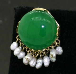 Vintage 14k yellow gold large 16mm green jadeite jade and pearl dangle earrings 2