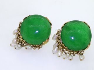 Vintage 14k yellow gold large 16mm green jadeite jade and pearl dangle earrings 3