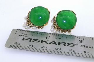 Vintage 14k yellow gold large 16mm green jadeite jade and pearl dangle earrings 4